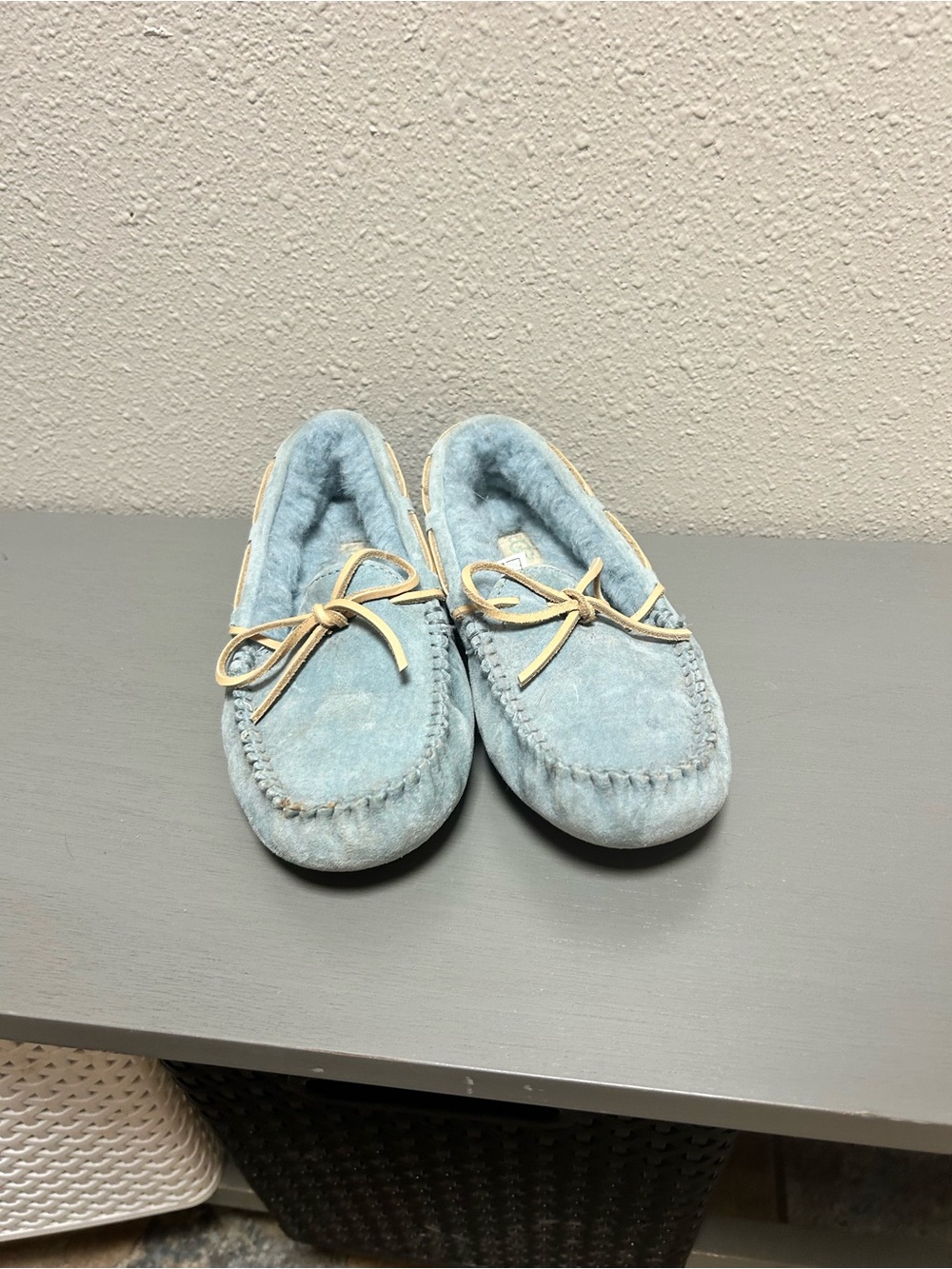 UGG Light Blue Suede Moccasin Slippers with Tan Bow